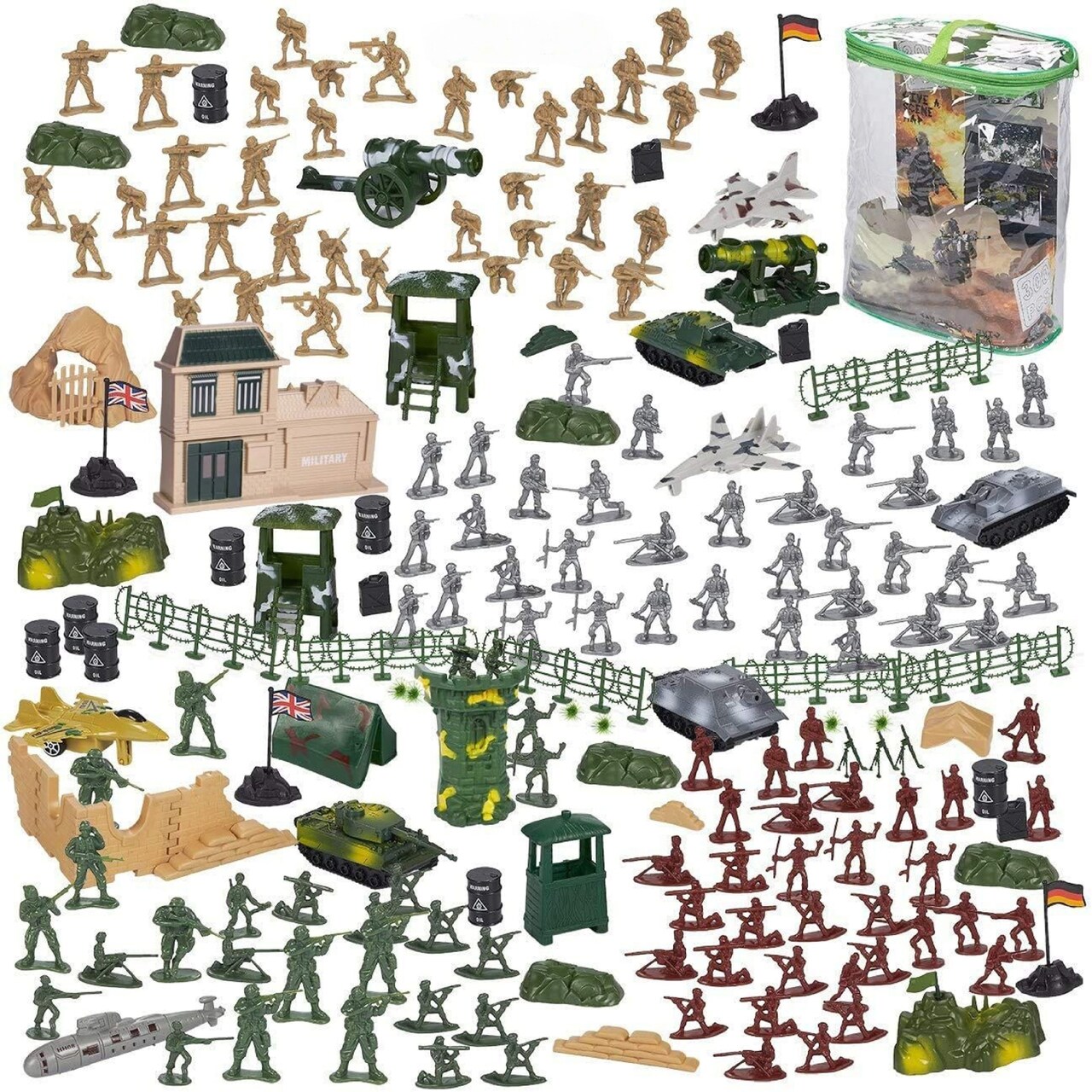 BLUE PANDA 300 Piece Military Toys Plastic Army Men with Tanks, Planes, Flags and Accessories for Boys Ages 8-14